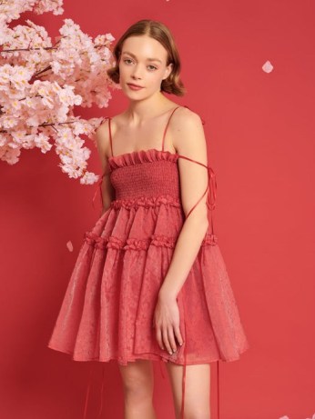 sister jane DREAM A TALE OF BLOSSOMS Calla Organza Mini Dress in Cherry Red ~ strappy ruffled fit and flare party dresses