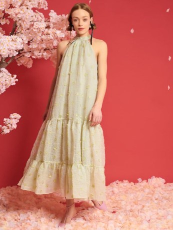 SISTER JANE DREAM A TALE OF BLOSSOMS Eden Floral Maxi Dress in Sage Green ~ romantic light green tiered hem occasion dresses ~ floral applique evening fashion ~ romance inspired party clothing