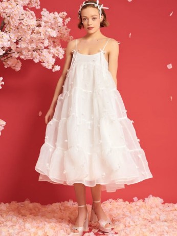 sister jane DREAM Pixie Petal Midi Dress in True White ~ strappy tiered floral applique party dresses