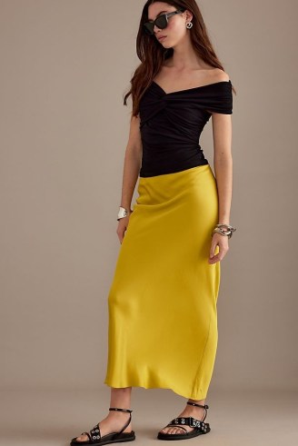 Anthropologie Satin Bias Maxi Slip Skirt in Dark Yellow | long length silky column skirts