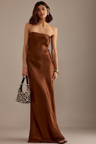 Anthropologie The Fleur Strapless Satin Maxi Slip Dress in Chocolate | brown silky long length bandeau neckline dresses