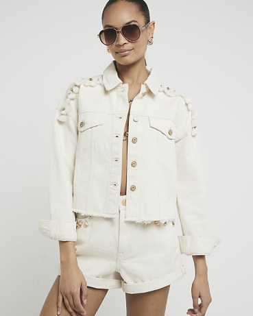 RIVER ISLAND Ecru Embellished Crochet Denim Jacket ~ women’s casual off white summer jackets