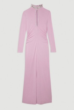 KAREN MILLEN Embellished Jersey Crepe Maxi Dress in Lavender ~ long sleeve high neck front keyhole cut out occasion dresses