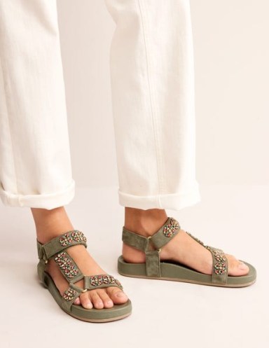 Boden Embellished Trek Sandals in Deep Olive ~ women’s flat green strappy sandal