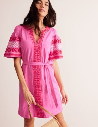 Boden Embroidered Jersey Short Dress in Sangria Sunset ~ pink short sleeve tie waist dresses ~ women’s summer holiday clothes