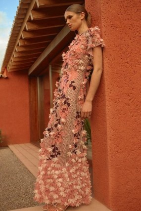 KAREN MILLEN Embroidery And Applique Angel Sleeve Woven Maxi Dress in Pink ~ beaded occasion dresses with floral appliques