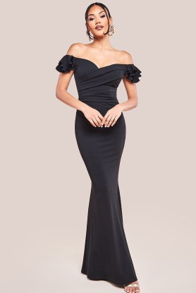 GODDIVA FRILLED OFF THE SHOULDER SCUBA MAXI DRESS in BLACK – fitted bardot gown – glamoros evening event dresses