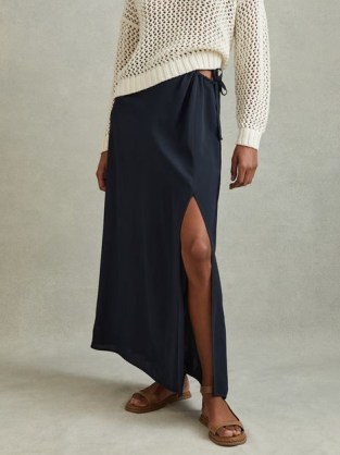 REISS ESME GATHERED SIDE MIDI SKIRT NAVY ~ side cut out slit leg skirts