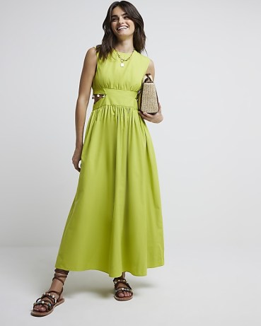 RIVER ISLAND Green Cut Out Shell Trim Swing Maxi Dress ~ sleeveless side cutout fit and flare dresses ~ cotton summer fashion