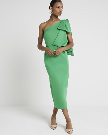 RIVER ISLAND Green One Shoulder Bow Bodycon Midi Dress ~ asymmetric neckline pencil dresses