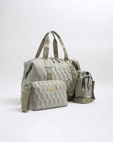 RIVER ISLAND Green Quilted Holdall 3 Piece Set ~ women’s weekend luggage sets