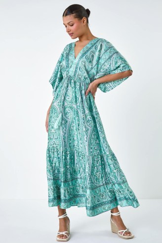 Lilly + Hope Green Tie Back Tassel Detail Tiered Dress – paisley print wide sleeve summer dresses – floaty boho style clothes