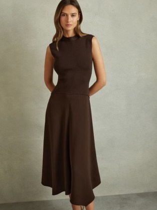 REISS LANI HYBRID KNIT TIE BACK MIDI DRESS CHOCOLATE ~ chic dark brown fit and flare dresses ~asymmetric hemline