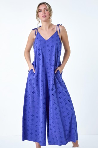 DUSK Indigo Cotton Broderie Pocket Wide Leg Jumpsuit – women’s blue strappy voluminous jumpsuits