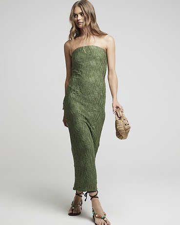 RIVER ISLAND Khaki Texture Bandeau Midi Dress ~ green strapless column dresses ~ summer holiday fashion
