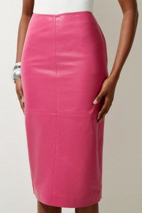 KAREN MILLEN Leather Panel Pencil Midi Skirt in Bright Pink ~ luxe bubblegum skirts