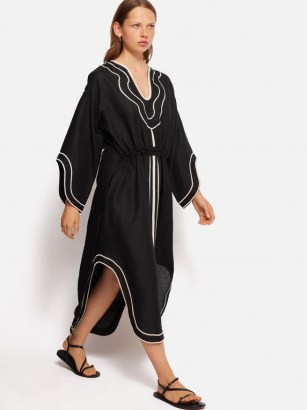 JIGSAW Linen Blend Embroidery Kaftan in Black – chic poolside kaftans – holiday fashion