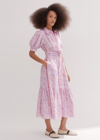 me and em Linen-Blend Lace Midi Shirt Dress + Belt in Lilac/Red/Cream ~ lilac puff sleeve tie waist dresses