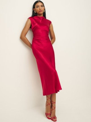 Reformation Veida Silk Dress in Lipstick – vibrant silky high neck dresses