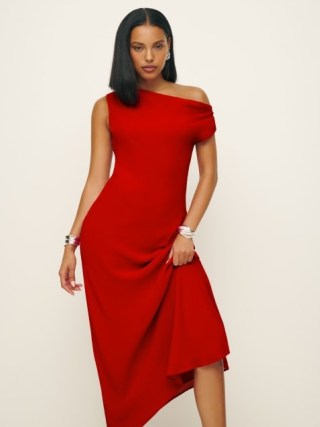 Reformation Costanza Dress in Lipstick – elegant asymmetric shoulder maxi dresses – chic evening fashion