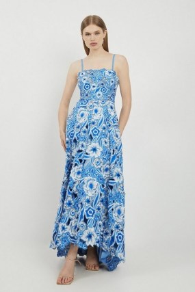 Lydia Millen Cutwork And Embroidery Bandeau Dress in Blue – strappy floral cut out maxi dresses – strapless summer occasionwear – dip hem – removable spaghetti straps