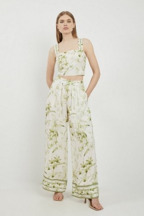 Lydia Millen Floral Botanic Printed Linen Woven Trousers – women’s floral print wide leg summer trouser