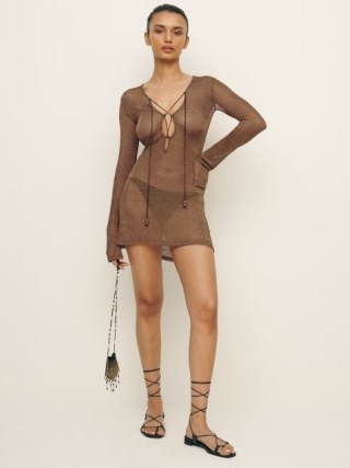 Reformation Ivanna Knit Dress in Metallic Brown ~ sheer mini dresses ~ see-through summer fashion