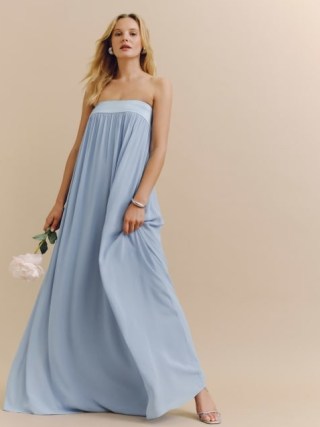 Reformation Maribelle Dress in Mineral – light blue strapless maxi dresses