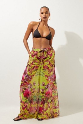 KAREN MILLEN Mirrored Floral Georgette Beach Trousers – floaty wide leg poolside trouser – pool cover up – beachwear