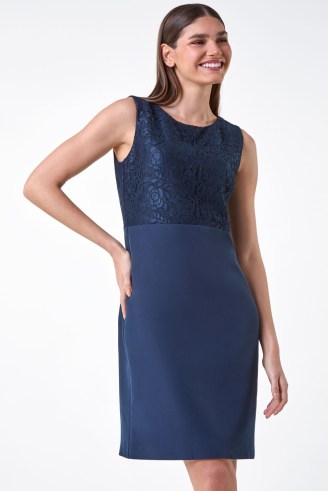 ROMAN Navy Lace Bodice Shift Dress in Navy – elegant dark blue sleeveless dresses