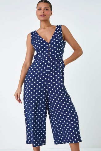 Lilly + Hope Navy Polka Dot Print Pocket Jumpsuit – women’s dark blue sleeveless crop leg jumpsuist