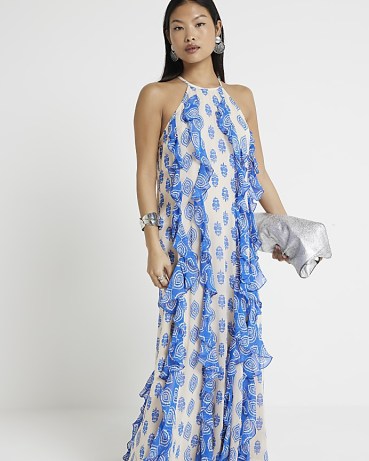 RIVER ISLAND Petite Blue Geometric Frill Smock Maxi Dress ~ ruffled halterneck summer event dresses ~ women’s party fashion