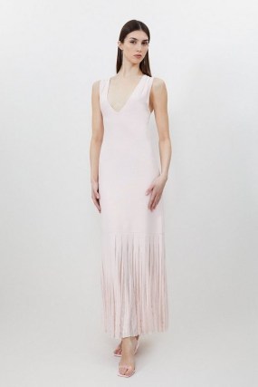 KAREN MILLEN Petite Viscose Blend Sheer Skirt Maxi Knit Dress in Soft Pink ~ sleeveless plunge front long length evening dresses