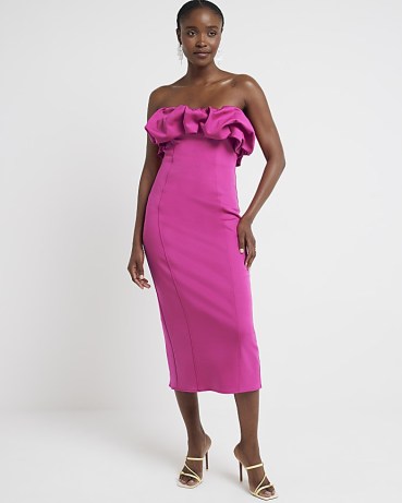 RIVER ISLAND Pink Bandeau Bodycon Midi Dress ~ strapless fitted evening dresses ~ ruffled neckline