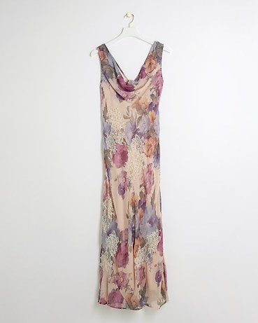 RIVER ISLAND Pink Floral Cowl Neck Slip Maxi Dress ~ draped neckline slip dressess