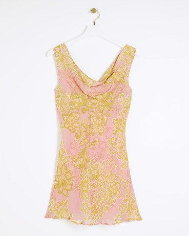 RIVER ISLAND Pink Floral Cowl Neck Slip Mini Dress