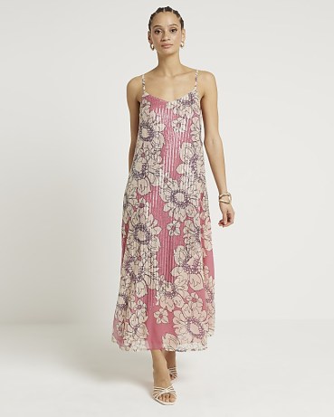 RIVER ISLAND Pink Floral Sequin Slip Maxi Dress ~ sequinned skinny shoulder strap dresses