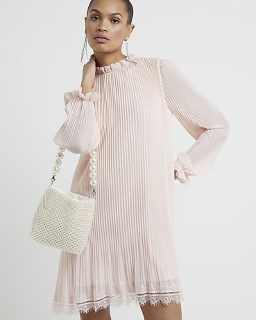 RIVER ISLAND Pink Plisse Lace Hem Shift Mini Dress – ladylike going out dresses