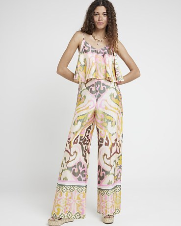 RIVER ISLAND Pink Satin Abstract Layered Jumpsuit ~ silky strappy jumpsuits ~ retro look fashion