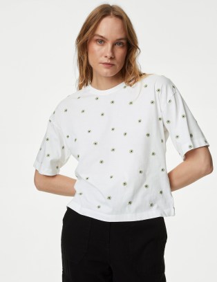 M&S COLLECTION Pure Cotton Embroidered T-Shirt in Green Mix / white floral tee