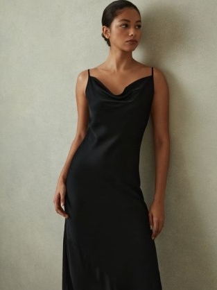 REISS ISABEL SATIN COWL NECK MIDI DRESS in BLACK ~ draped neck slip dresses ~ silky strappy evening fashion
