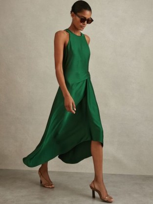 REISS MICAH SATIN DRAPE TUCK MIDI DRESS GREEN – silky sleeveless asymmetric dresses