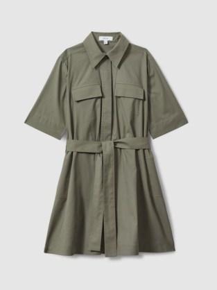 REISS MILLY PLEATED BELTED MINI DRESS in KHAKI ~ women’s chic green utility dresses