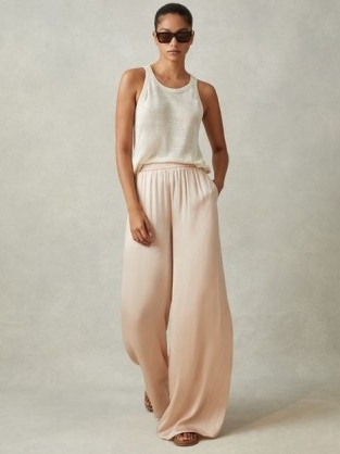 REISS YARA SATIN ELASTICATED WAIST WIDE LEG TROUSERS CHAMPAGNE ~ women’s silky flowing trouser