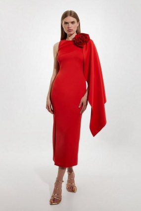 KAREN MILLEN Scuba Crepe Dramatic Rosette Woven Cape Midi Dress in Red ~ drape detail bodycon ~ fitted asymmetric occasion dresses