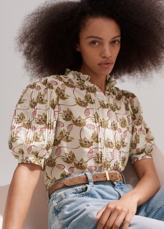 me and em Silk Cotton Summer Waterlily Print Blouse in Light Cream/Olive/Multi – floral puff sleeve fill neck blouses