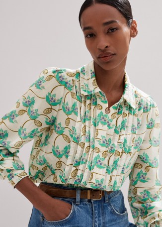 ME and EM Silk Cotton Waterlily Print Blouse in Light Cream / Menthol Green / Oatmeal – floral collared front pleated blouses