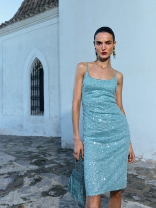 Reformation Mariska Dress in Silver Turquoise / blue sequinned skinny shoulder strap dresses / evening glamour