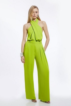 KAREN MILLEN Soft Tailored Halterneck Straight Leg Jumpsuit in Lime ~ citrus green evening jumpsuits