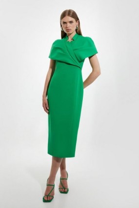 KAREN MILLEN Structured Crepe Cape Detail Midi Dress in Bright Green ~ chic pencil dresses